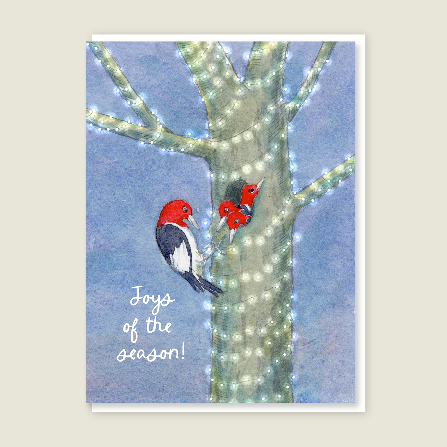Woodpecker Tree Lights Holiday Seasonal Card