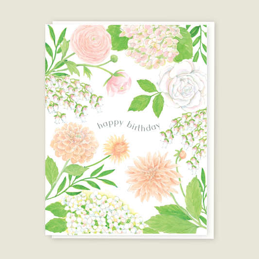 Peachy Dahlia Hydrangea Birthday card